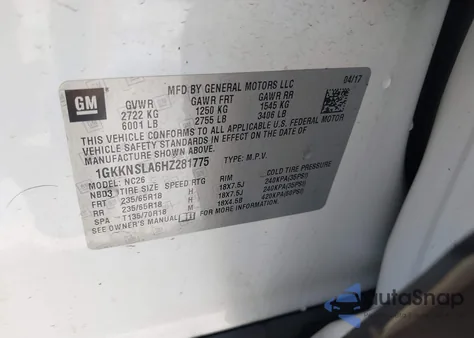 2017 GMC Acadia Sle-2 z USA, uszkodzony, nr VIN 1GKKNSLA6HZ281775